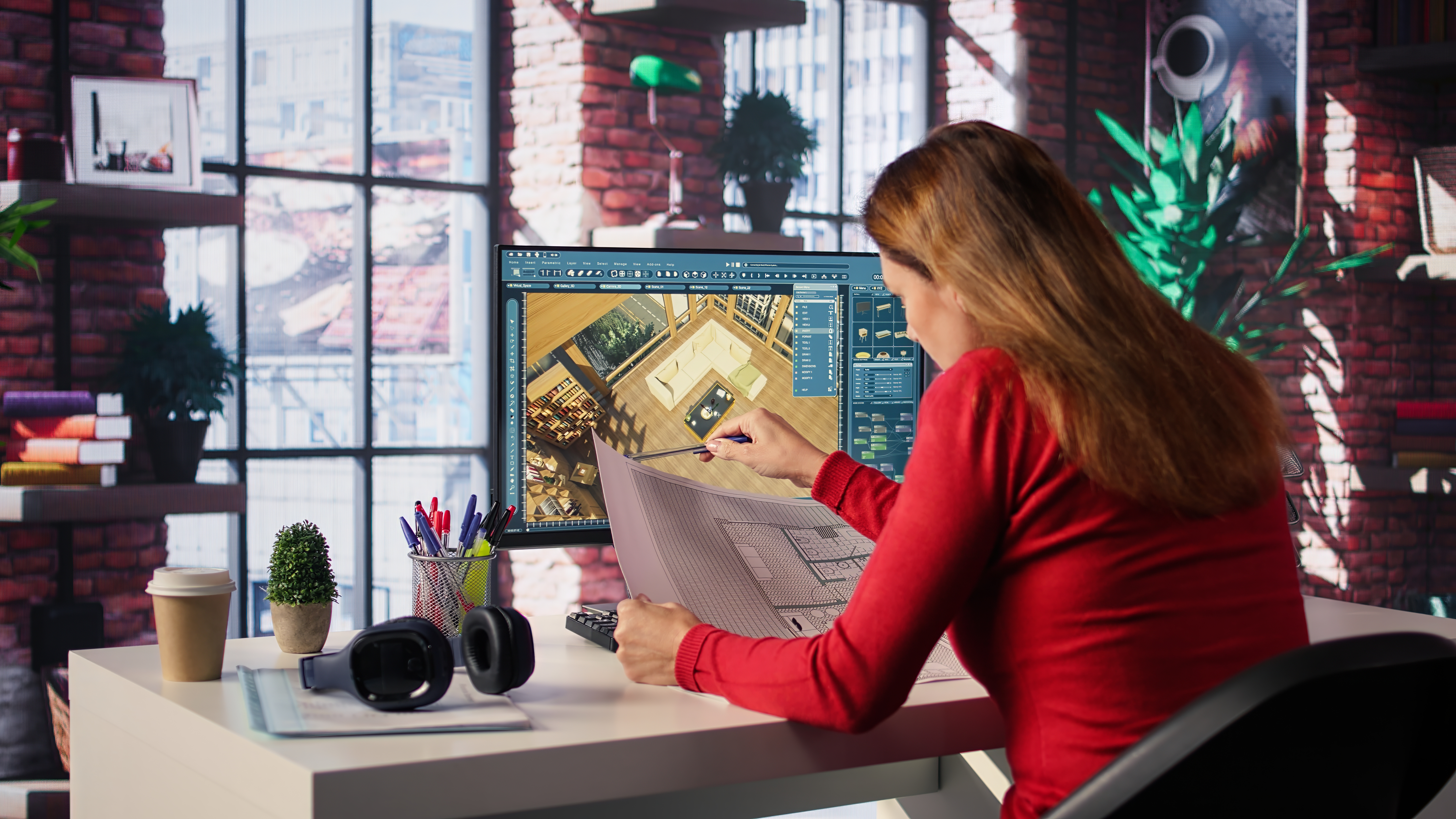 freelancer designer decorates apartment floor plan using blueprints pc